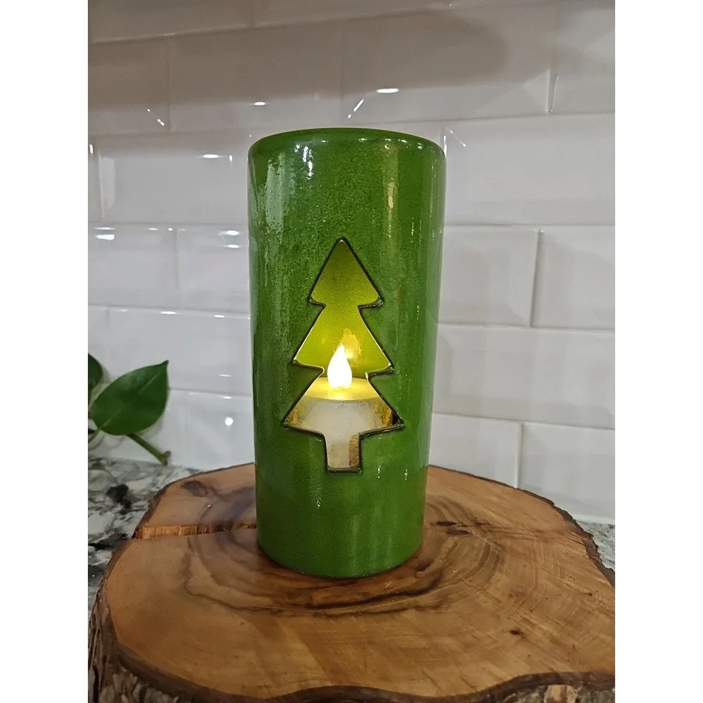 Ceramic Christmas TREE Votive Hand -Glazed Candle‎ Holder SET OF 2!! 9 INC